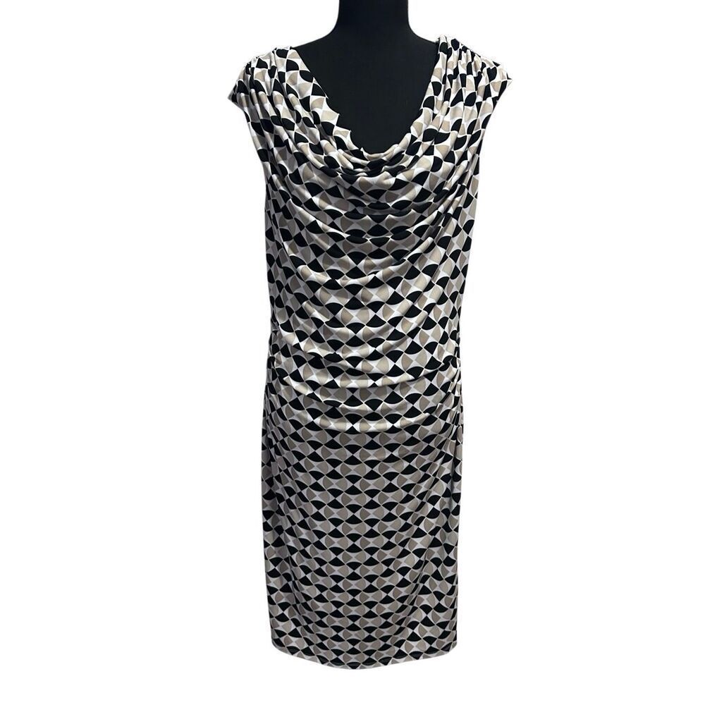 WHBM Geometric Tan Black & White Cowl Neck Sheath Dress Lined Size 10